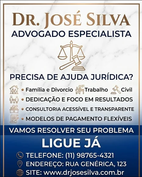 Anúncio de advogado com fundo de mármore, três fontes diferentes, ícones de banco de imagem e o quadro cheio de informação