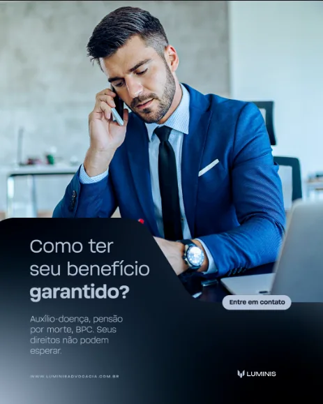Post de advocacia com foto tratada, uma tipografia só e a chamada, o texto de apoio e o contato organizados no mesmo bloco escuro