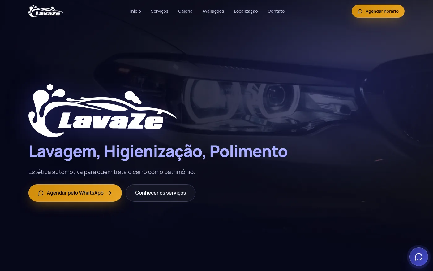 Página inicial do site da Lava Zé Estética Automotiva